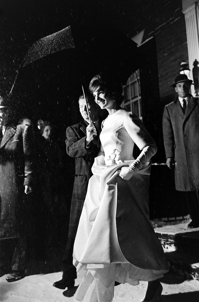 Jackie Kennedy attends her husband's Inaugural Gala during a snowstorm in Washington, D.C.