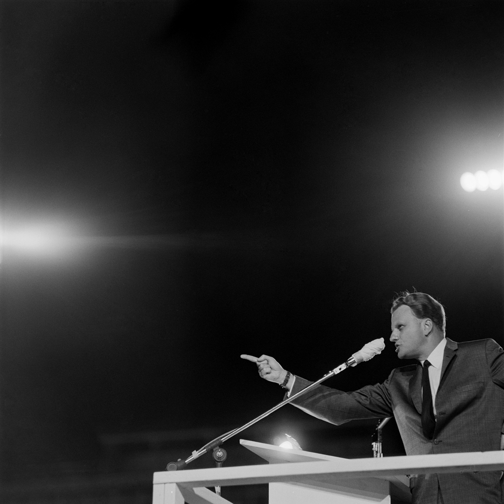 Billy Graham preaches in Little Rock, Arkansas, in 1959.