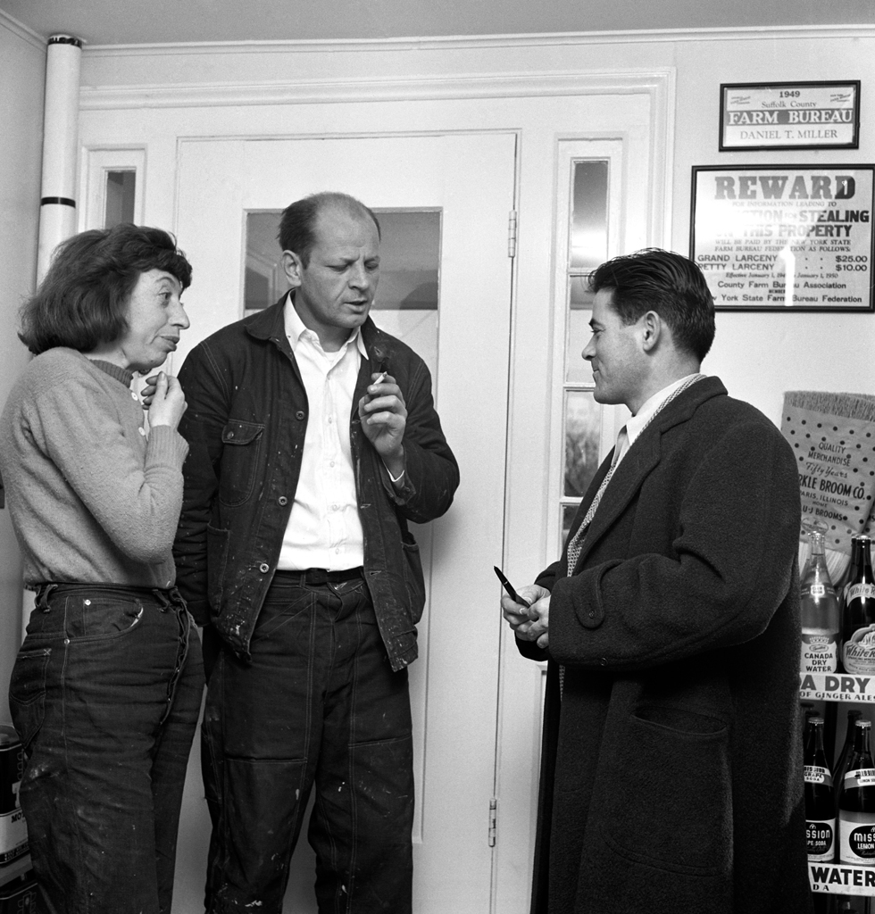 At Daniel Miller's general store in Springs, New York, Lee Krasner and Jackson Pollock talk with Tino Nivola, a new arrival at the artist colony that began to sprout around the Pollocks' Long Island village in the late 1940s.