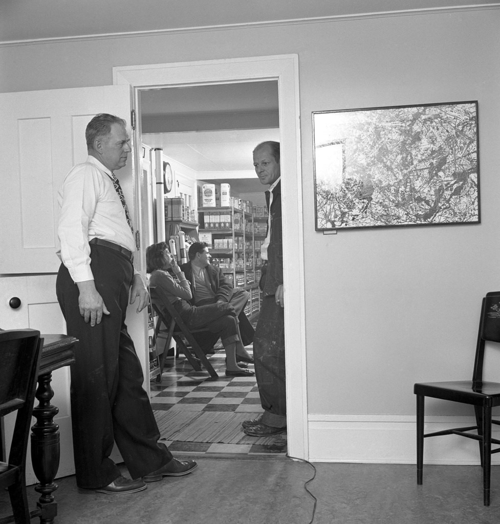 Grocer Daniel Miller (left) visits Pollock and Krasner at their Long Island farmhouse, 1949.
