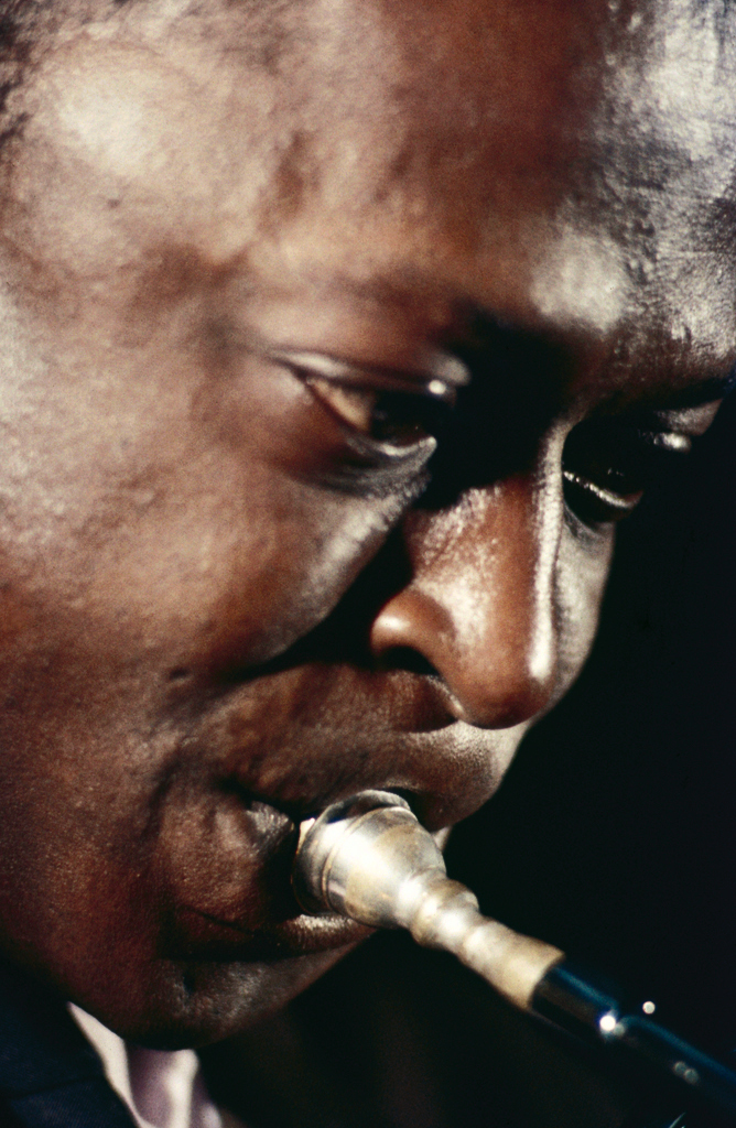 Picture of Miles Davis, close-up, in color, 1958.