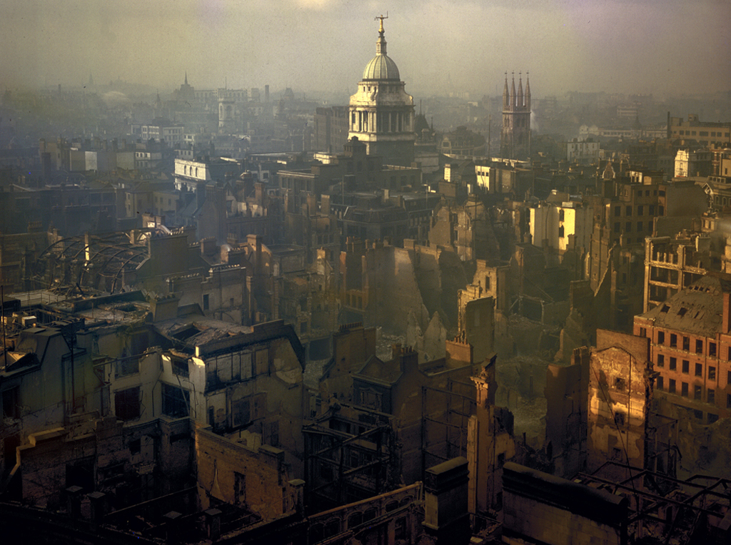 A view of London after a German air raid, 1940.