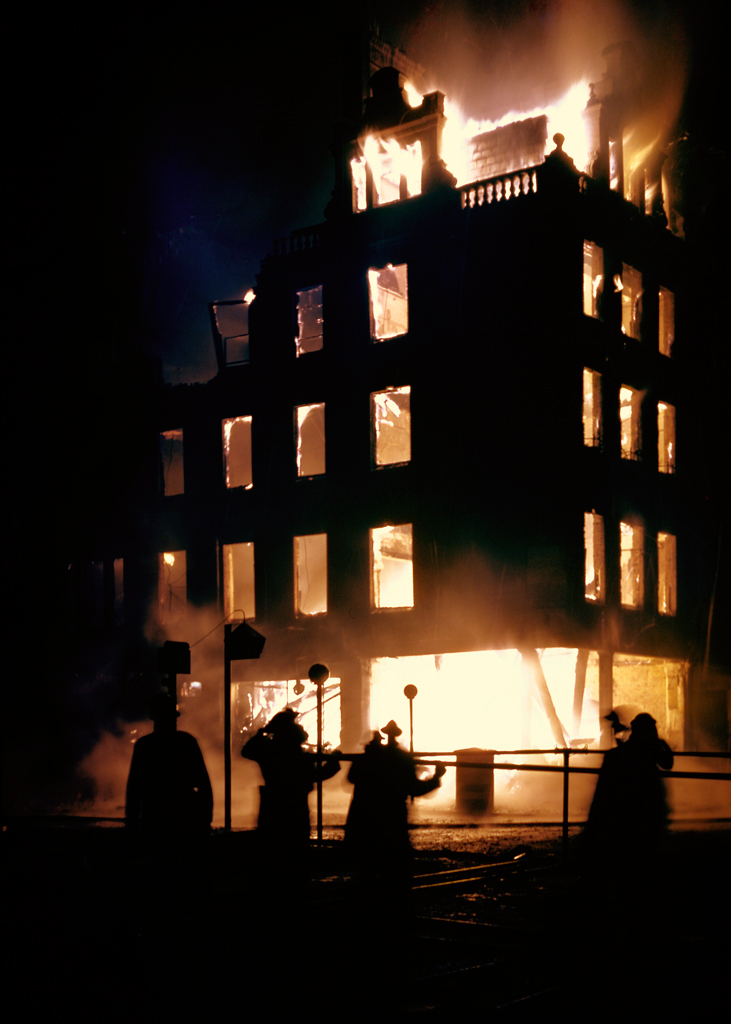 A London building ablaze during the Blitz, 1940.