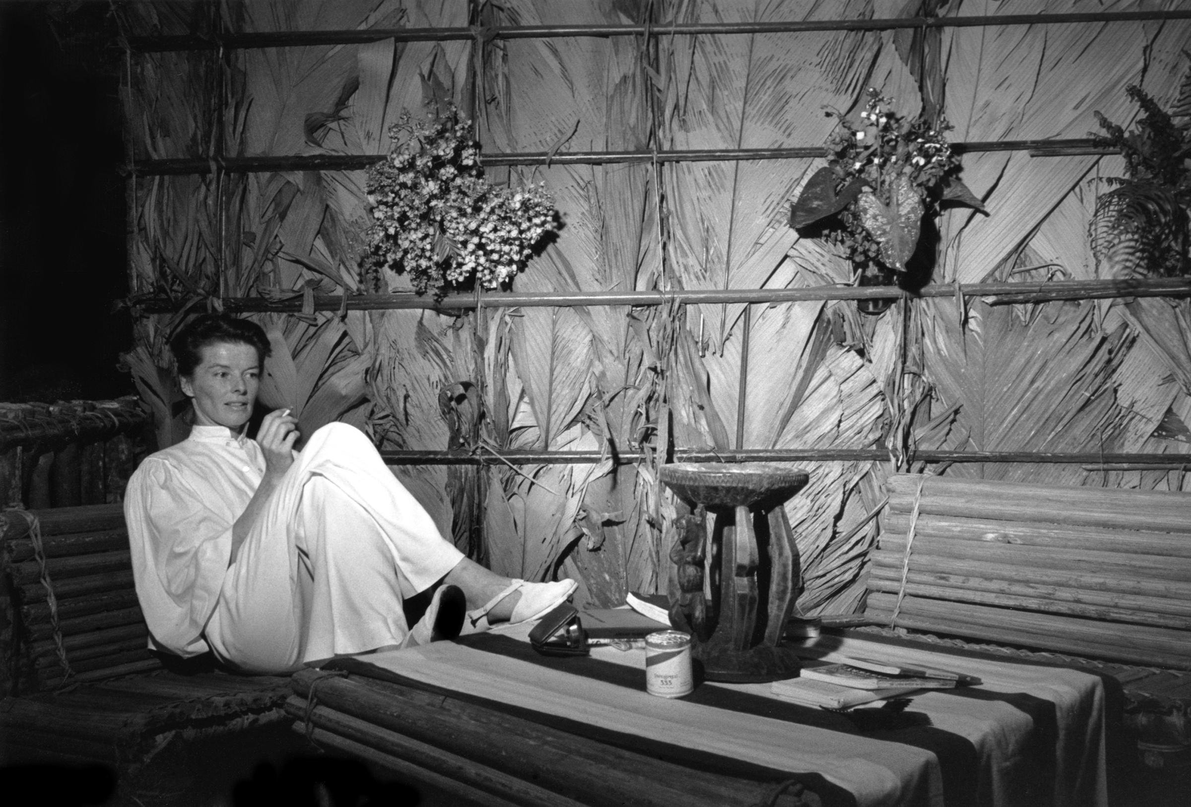 Katharine Hepburn allows LIFE's Eliot Elisofon inside her private bungalow during filming of The African Queen.