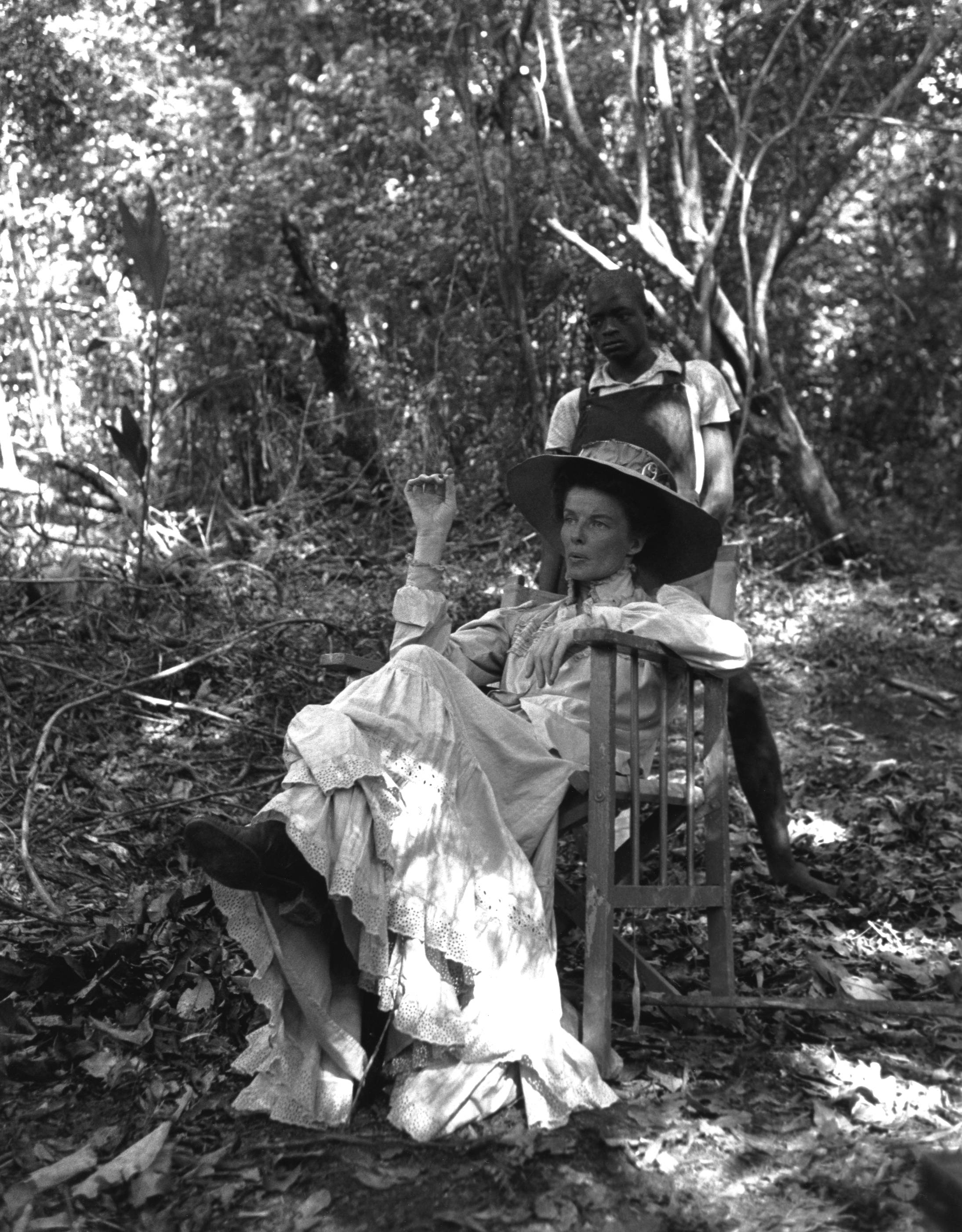 Katharine Hepburn enjoys a moment away from the filming of The African Queen.