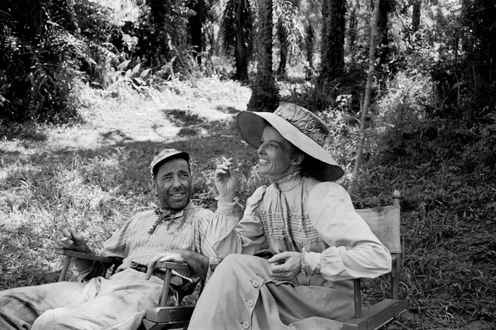 Humphrey Bogart and Katharine Hepburn on location in Africa for the filming of "The African Queen," 1951.