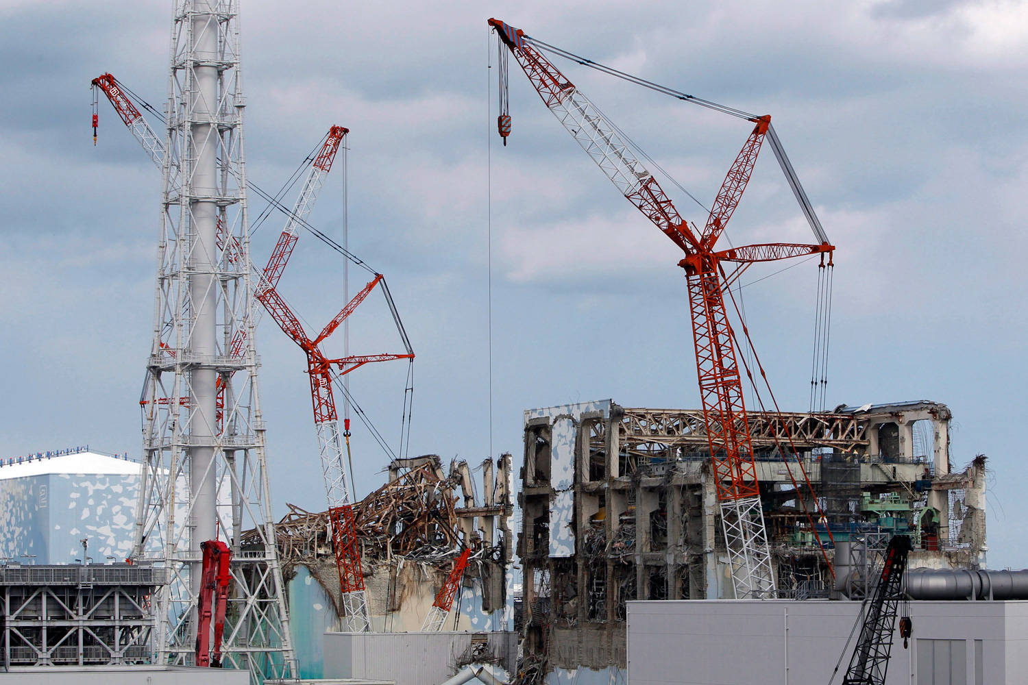 Feb. 20, 2012. Tokyo Electric Power Co.'s tsunami-crippled Fukushima Daiichi nuclear power plant No.4 (R), No.3 (C) and No.2 reactor buildings are seen in Fukushima prefecture, Japan.