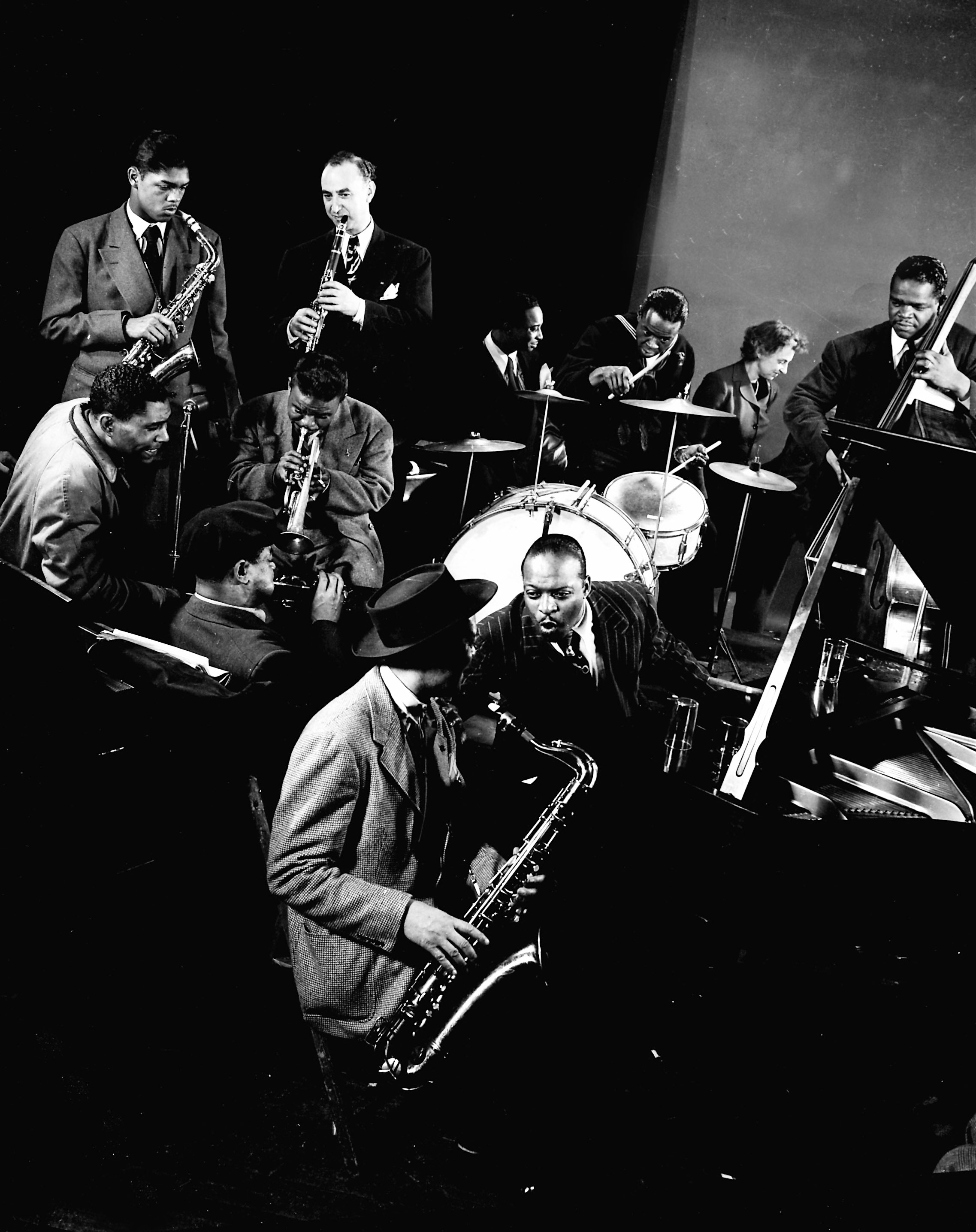 Count Basie, Lester Young, and other jazz greats at Gjon Mili's Studio in New York, 1943.