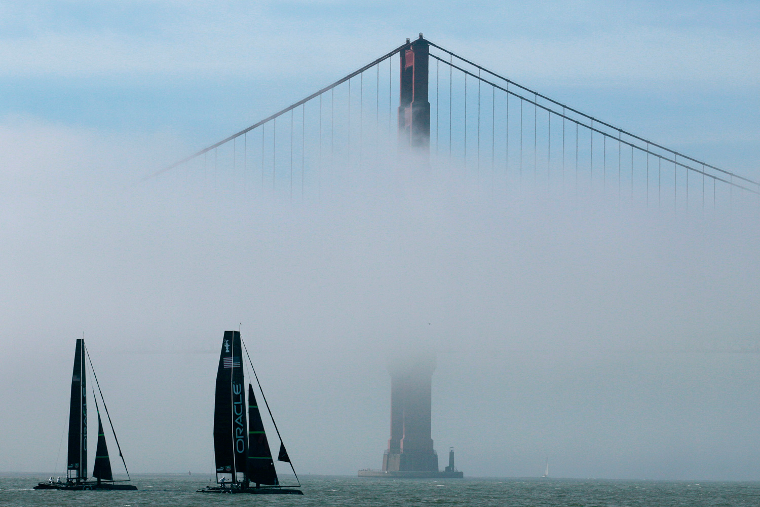 Feb. 21, 2012. A pair of Oracle Racing AC45s sail past the Golden Gate Bridge in San Francisco.