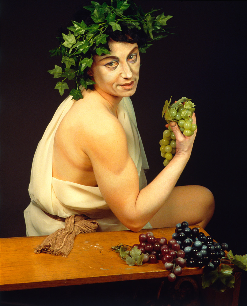 Untitled #224, 1990In 1990 Sherman first exhibited pictures from the  series that came to be called the “history portraits,” photographs resembling Old Master paintings that sometimes reproduce actual canvases, but more often try to recall more broadly the style of an artist or era.  Here she recreates Caravaggio’s Sick Bacchus  from 1593, a painting presumed  to be a self-portrait of Caravaggio representing himself as the god — meaning that Sherman is impersonating a male artist who is already impersonating a deity.