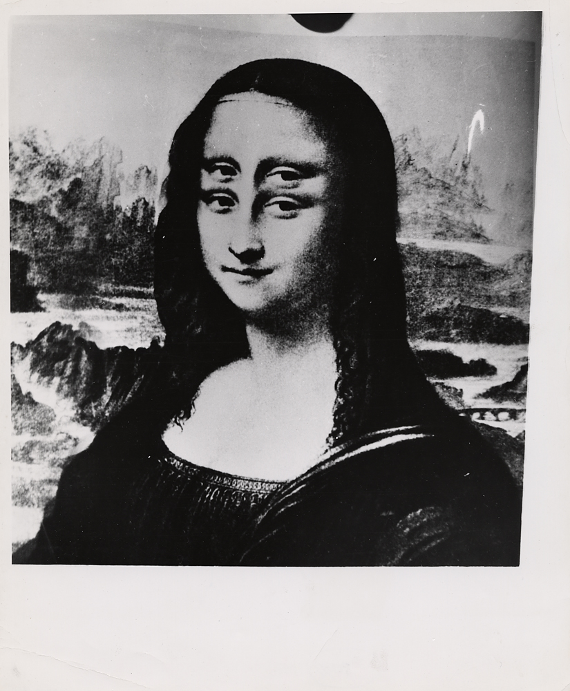 The following images are Weegee's distorted versions of the painting Mona Lisa (1503-1506, oil on wood, painted by Leonardo di ser Piero da Vinci, known as Leonardo da Vinci), late 1950s.