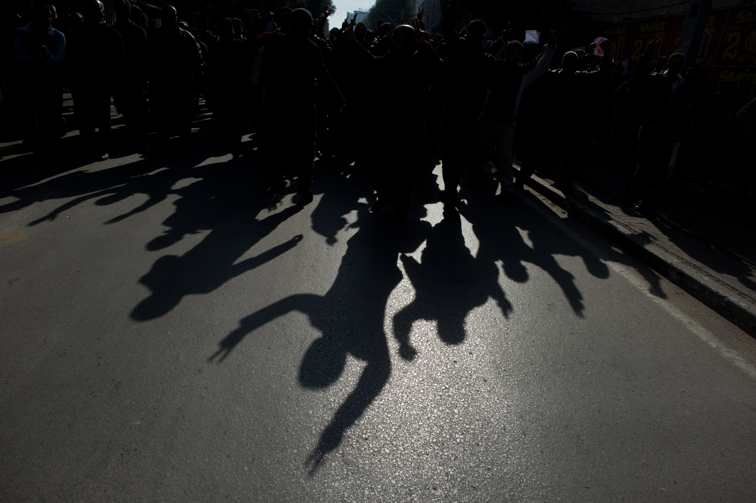 Jan. 17, 2011. Tunisian protesters on the streets of Tunis, chanting slogans and facing off against police forces.
