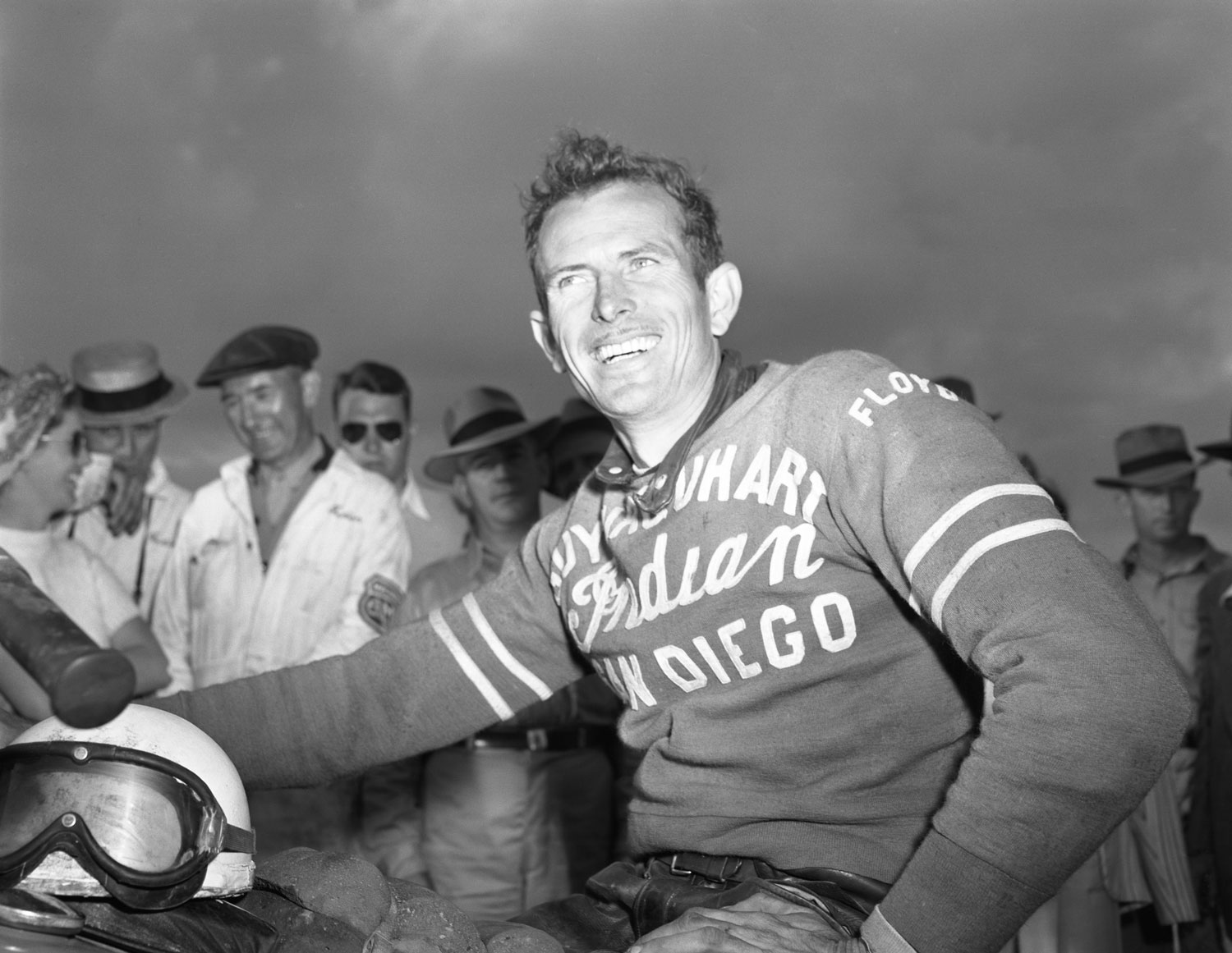 Floyd Emde rests on his Indian motorcycle after winning the 1948 running of the Daytona 200.