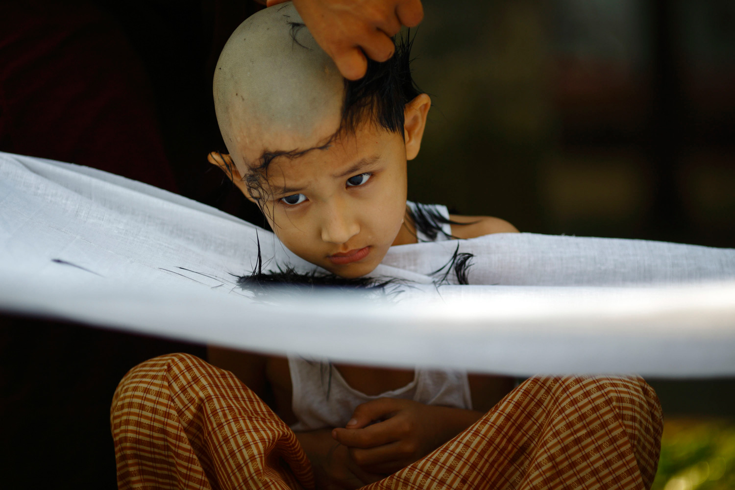 March 4, 2012. A boy gets his head shaved by a Buddhist monk as he is sent by his family to live the life of a monk for seven days as part of a ritual in Yangon, Myanmar.