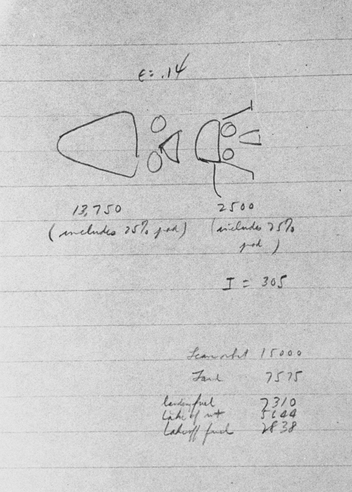 Sketch made by Dr. John C. Houbolt in 1961 for a lunar module, later adopted by NASA for Apollo 9.