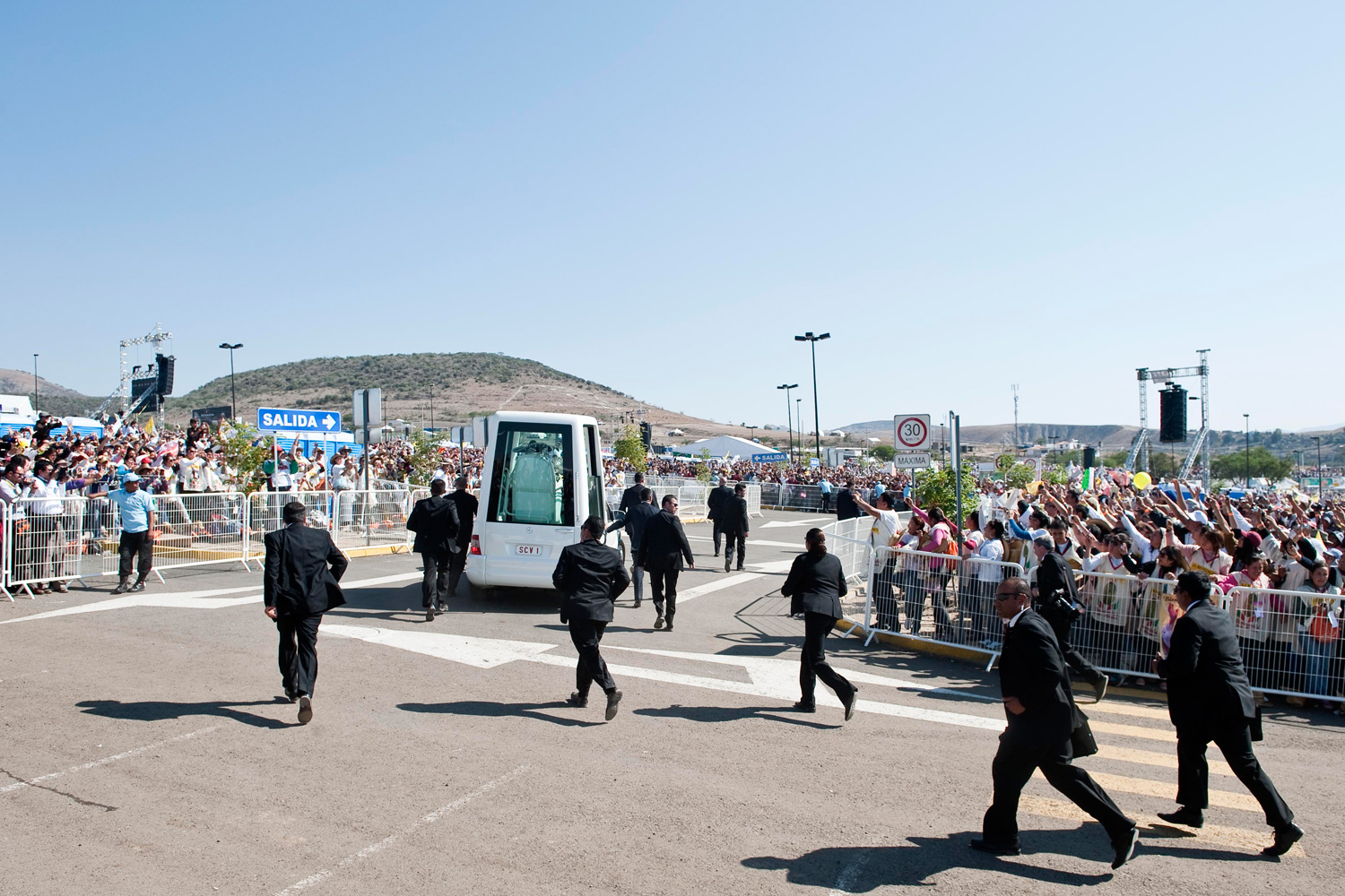 March 25, 2012. Pope Benedict XVI arrives on the popemobile at Bicentennial Park in Silao, Guanajuato State, Mexico, where he is to celebrate an open-air mass.