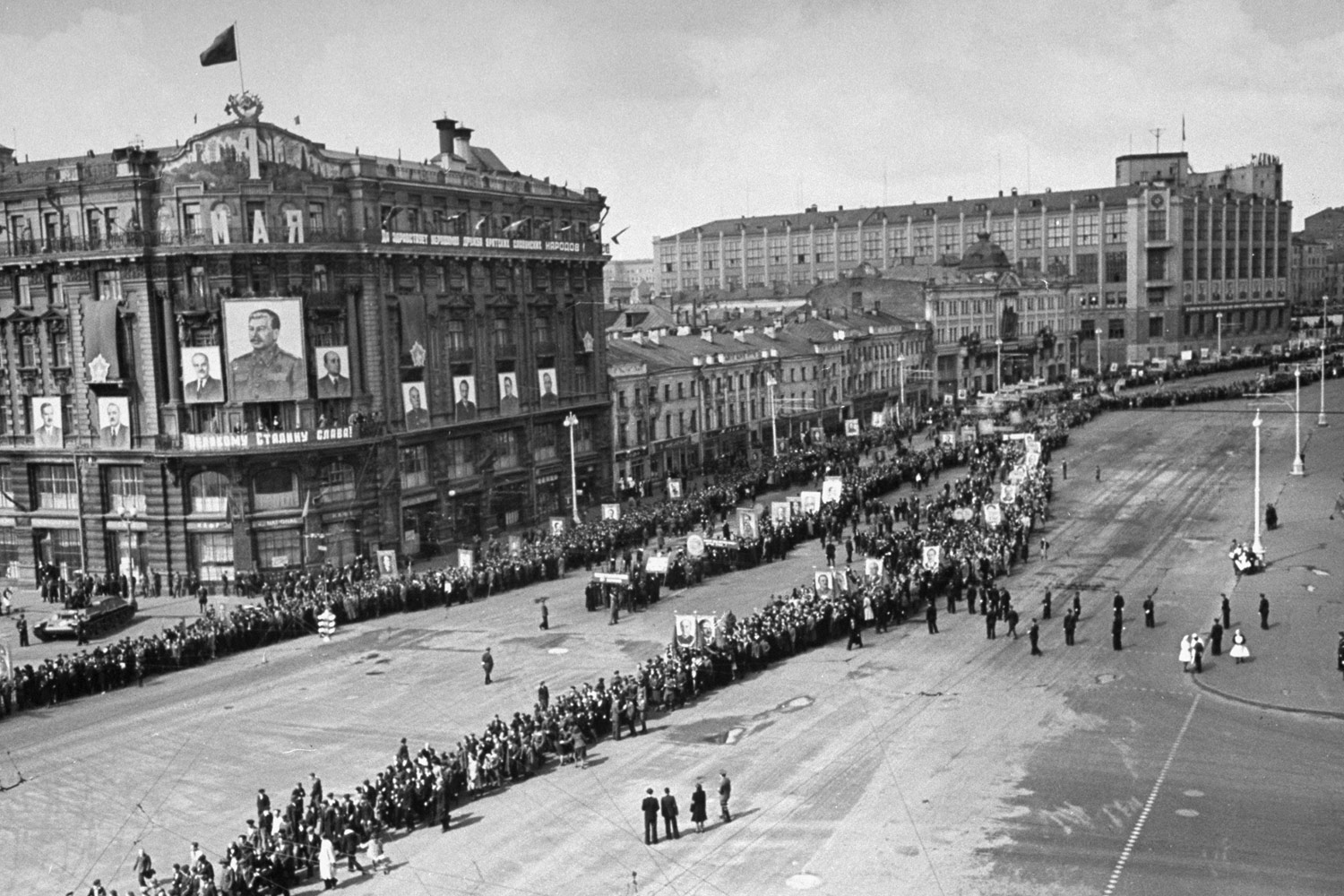 A civilian parade marches into Red Square, celebrating May Day in Moscow in 1947.