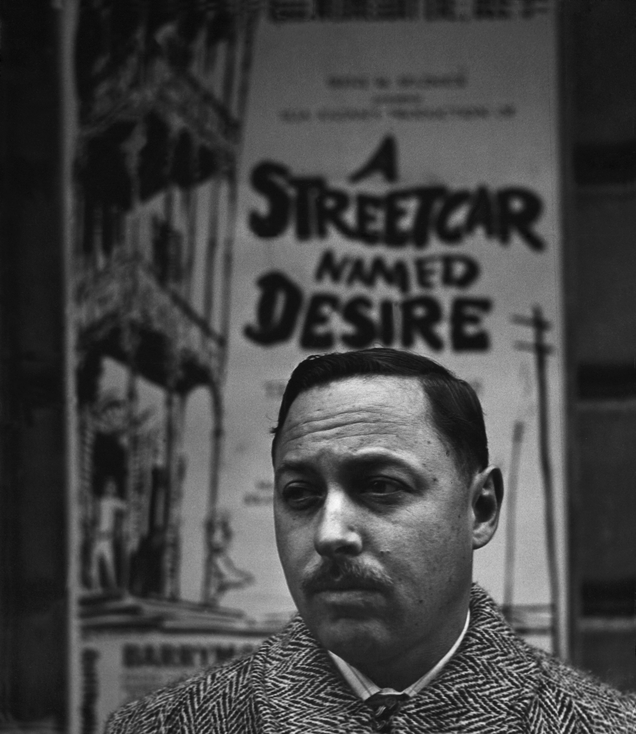 Tennessee Williams stands in front of a poster advertising his play, A Streetcar Named Desire, in New York in 1948.