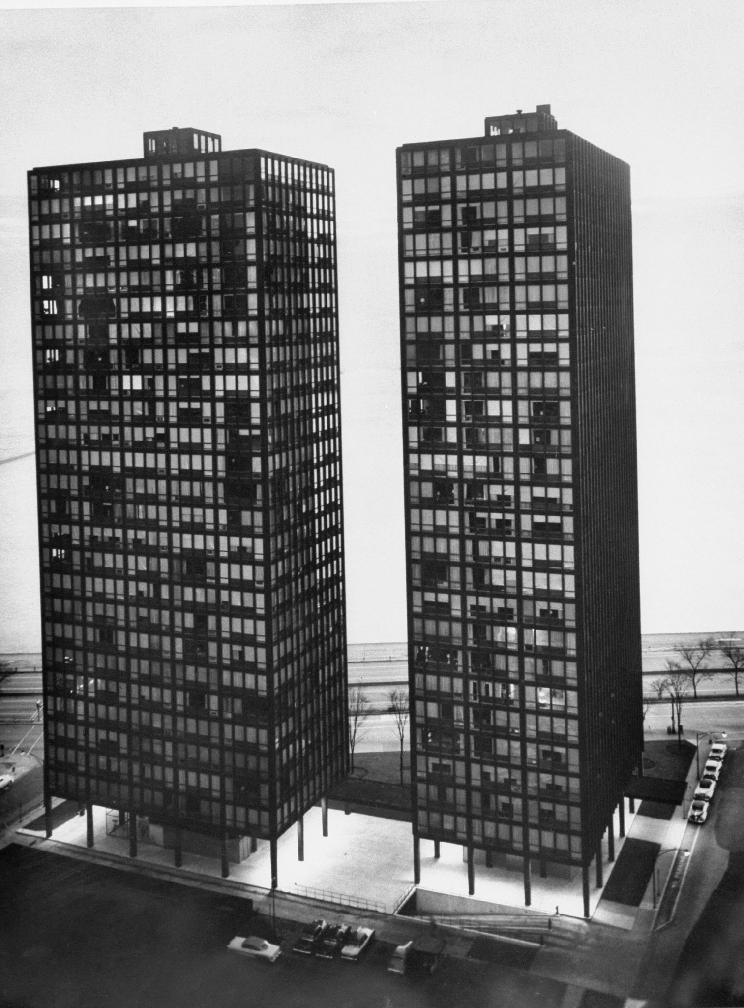 Mies van der Rohe-designed apartment houses, 860-880 Lake Shore Drive, Chicago, 1956.