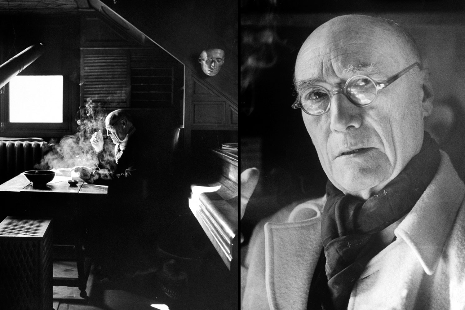 1947 Nobel laureate Andre Gide, at work (left) and in a portrait by LIFE's Yale Joel.
