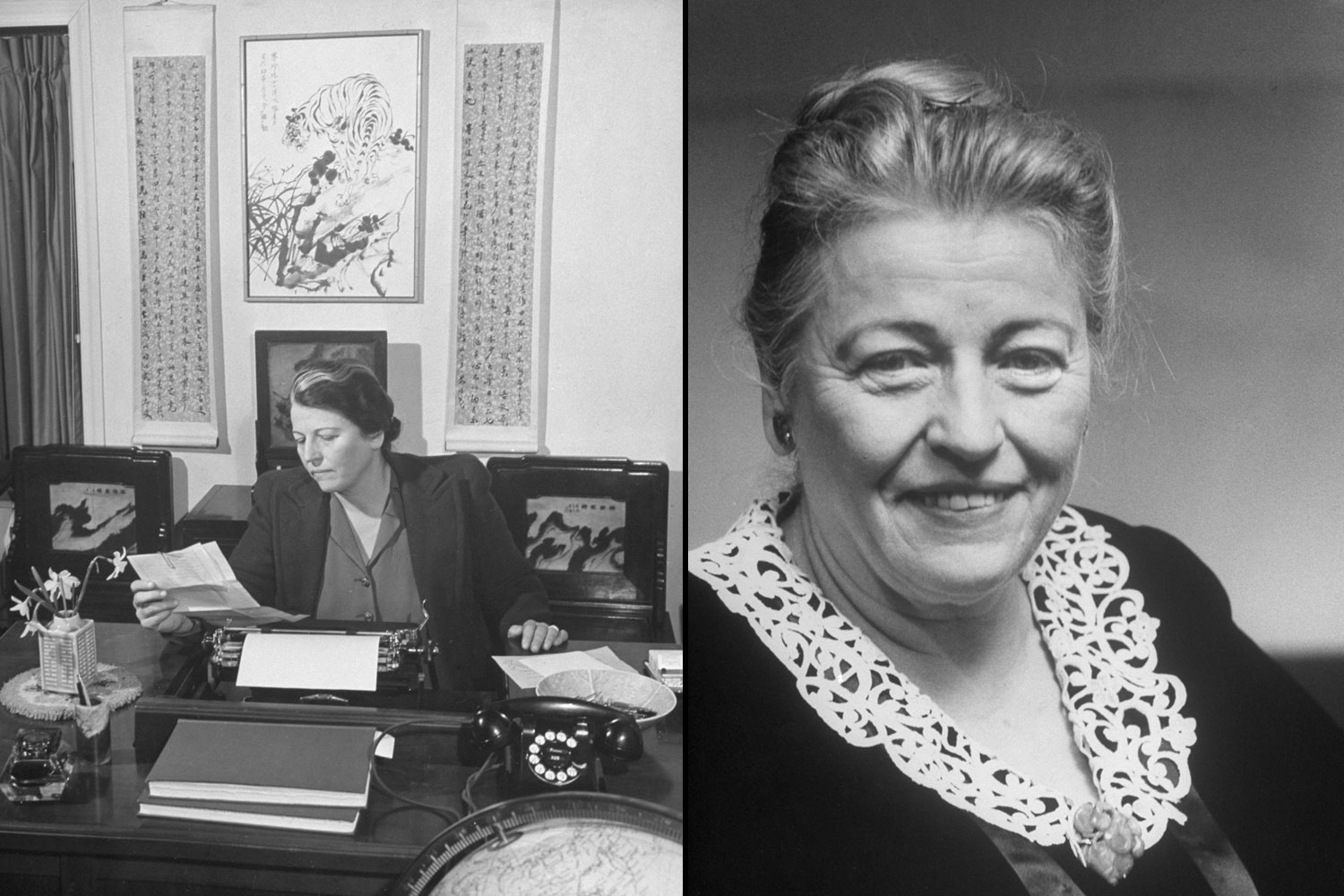 Pearl Buck at her desk in 1942 (left), and in 1956 (right). She was awarded the Nobel for Literature in 1938.
