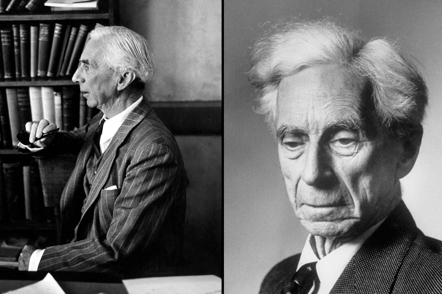 Philosopher Bertrand Russell at his desk at UCLA in 1940 (left), and in England in 1951 (right). He was awarded the Nobel Prize in Literature in 1950.