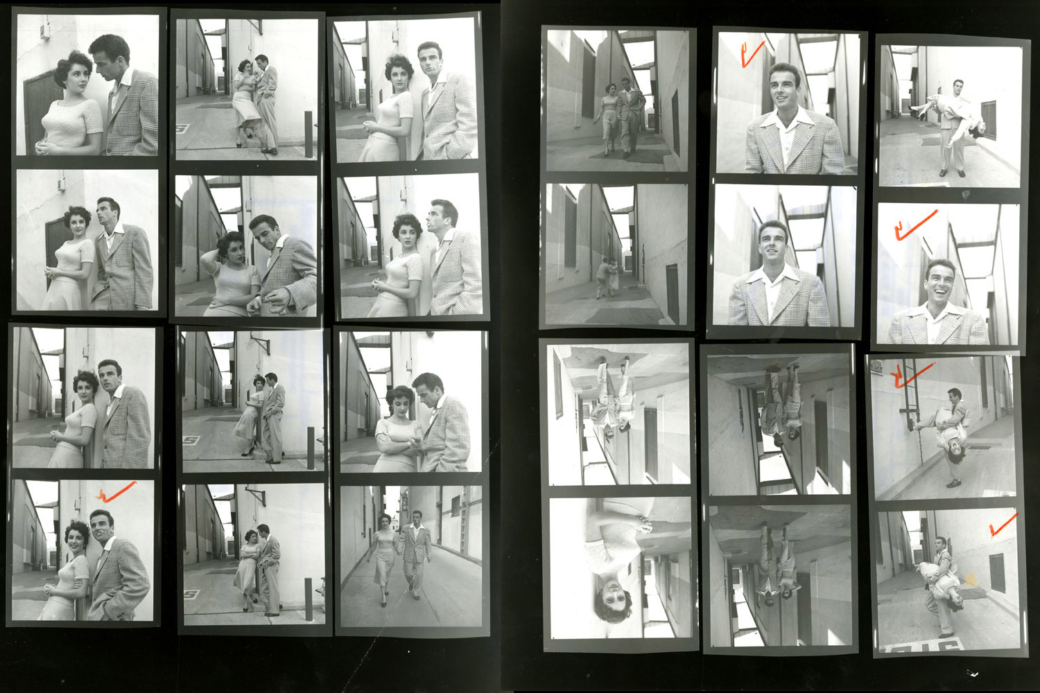 Contact sheets from LIFE photographer Peter Stackpole's shoot on a Paramount lot with Elizabeth Taylor and Montgomery Clift in 1950.