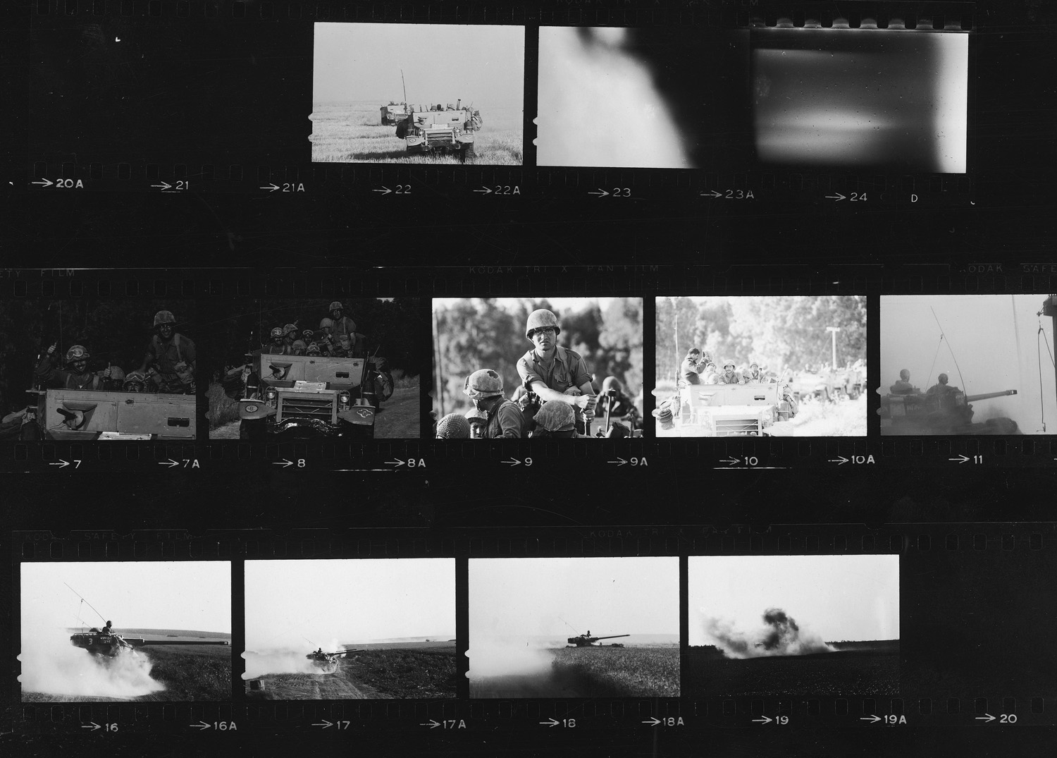 Contact sheet with last 6 strips of film found in LIFE photographer Paul Schutzer's camera after he was killed while traveling in a half-track with Israeli soldiers during the Six Day War in 1967.