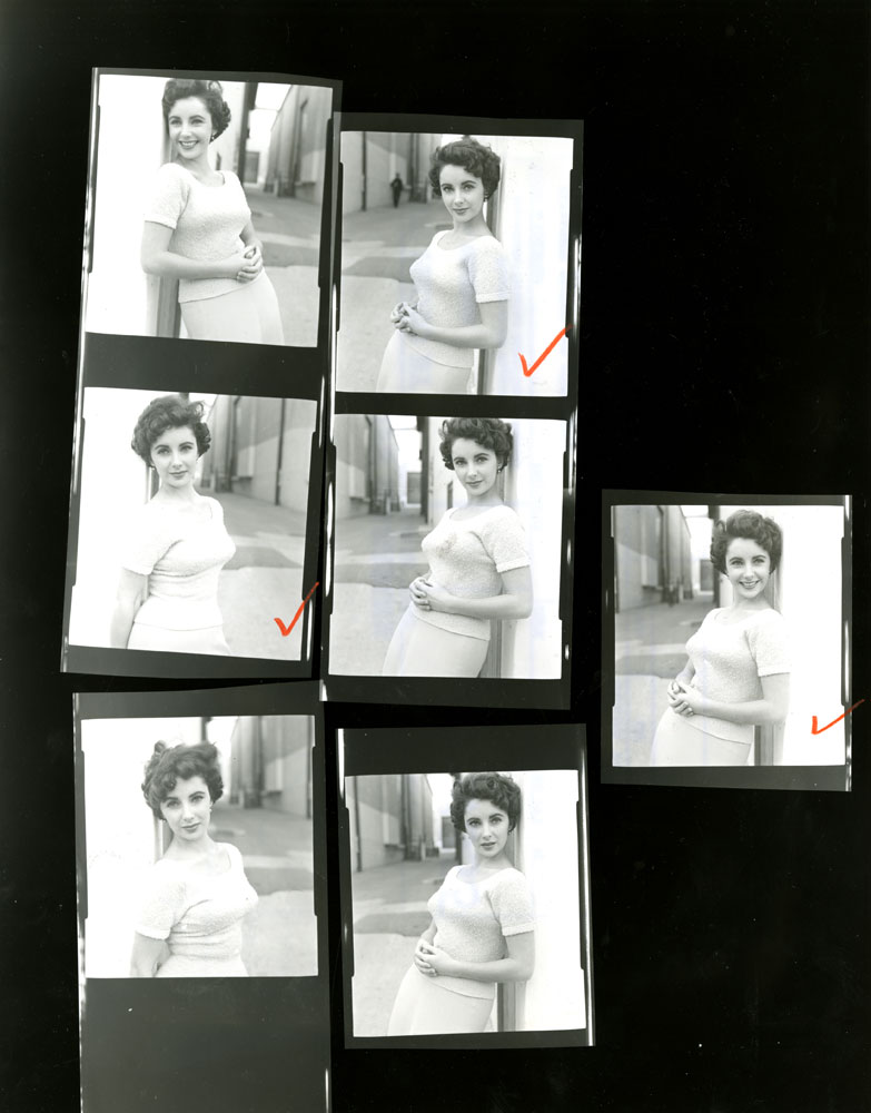 Contact sheet from LIFE photographer Peter Stackpole's shoot with Elizabeth Taylor and Montgomery Clift in 1950.