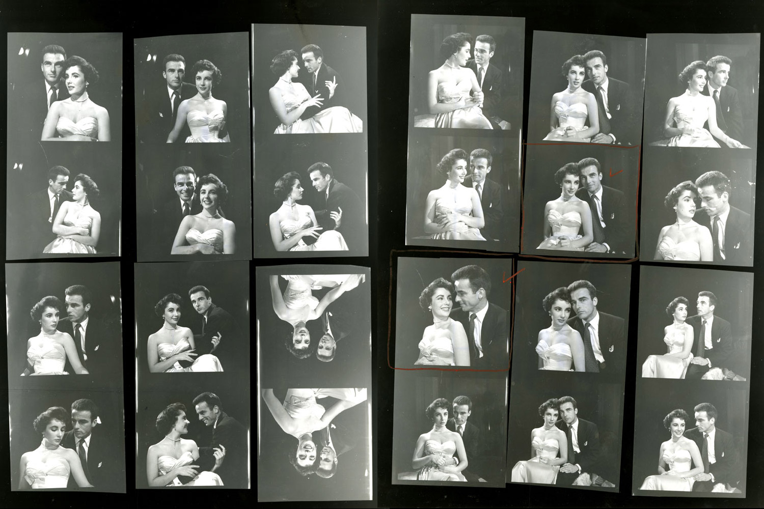Contact sheet from LIFE photographer Peter Stackpole's shoot on a Paramount lot with Elizabeth Taylor and Montgomery Clift in 1950.