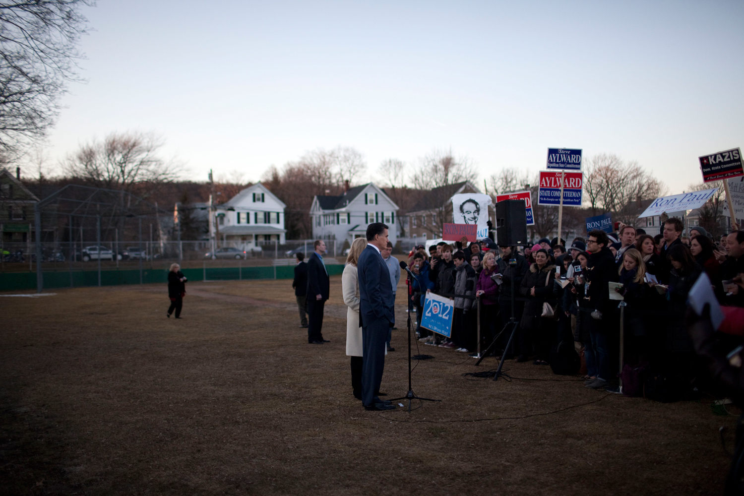 March 6, 2012. Republican presidential candidate Mitt Romney speaks at a baseball field after voting in the Massachusetts primary in Belmont, Mass.