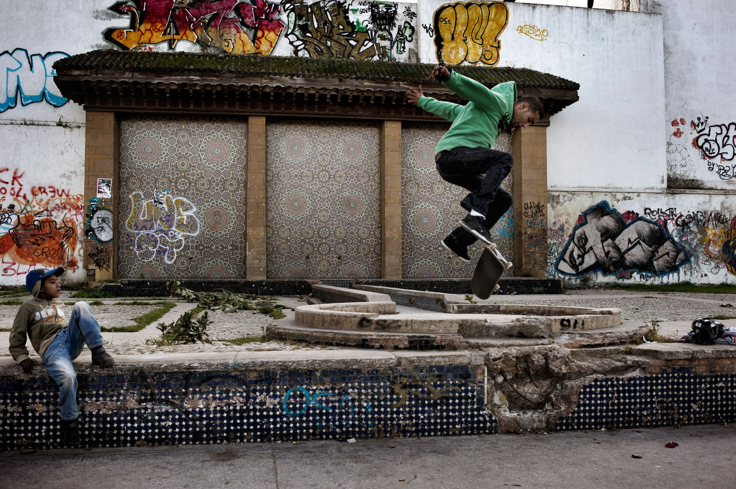 March 2012. Rachid Ait Yahi, a 28-year-old Casablanca resident, is unemployed and whiles away his time skateboarding with his friends at the Park de la Ligue Arabe in the city center in Casablanca.