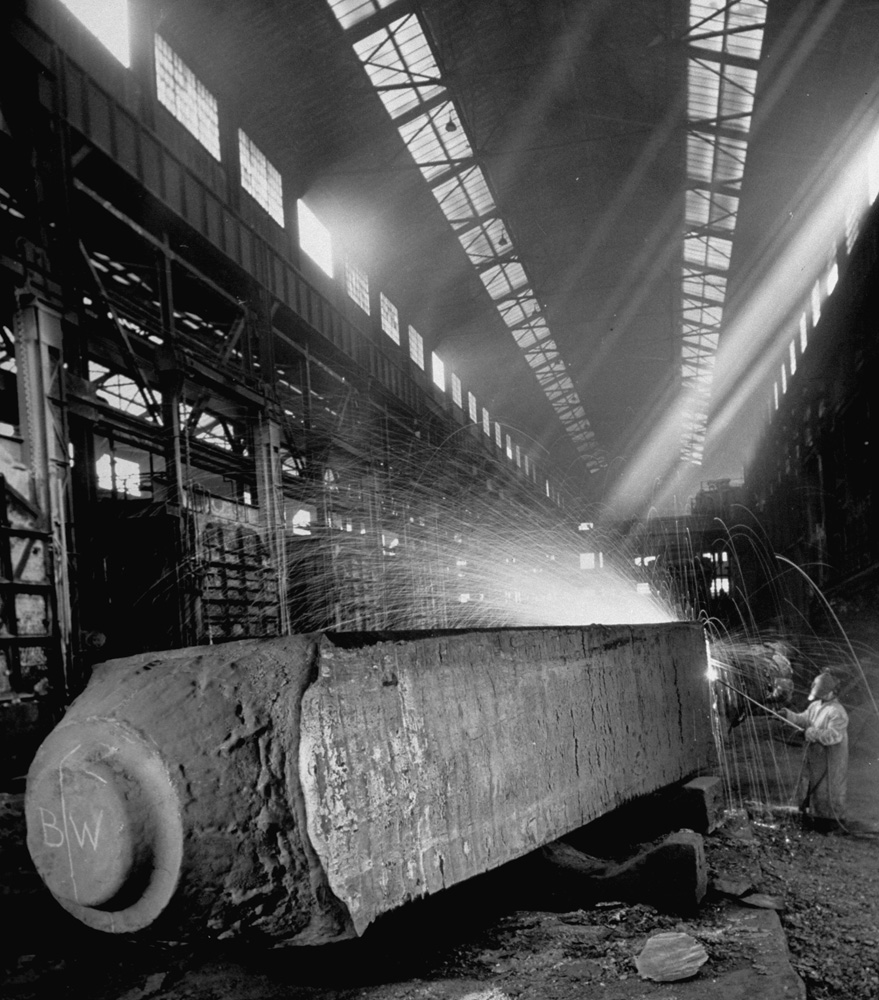 Massive, forged steel beam that will be precision-cut into slabs for use in a cyclotron, Pennsylvania, 1948.