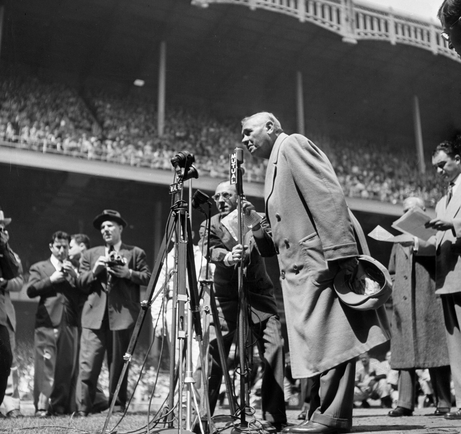 Ailing baseball great Babe Ruth thanks the crowd at Yankee Stadium for their ovation on "Babe Ruth Day," April 27, 1947.