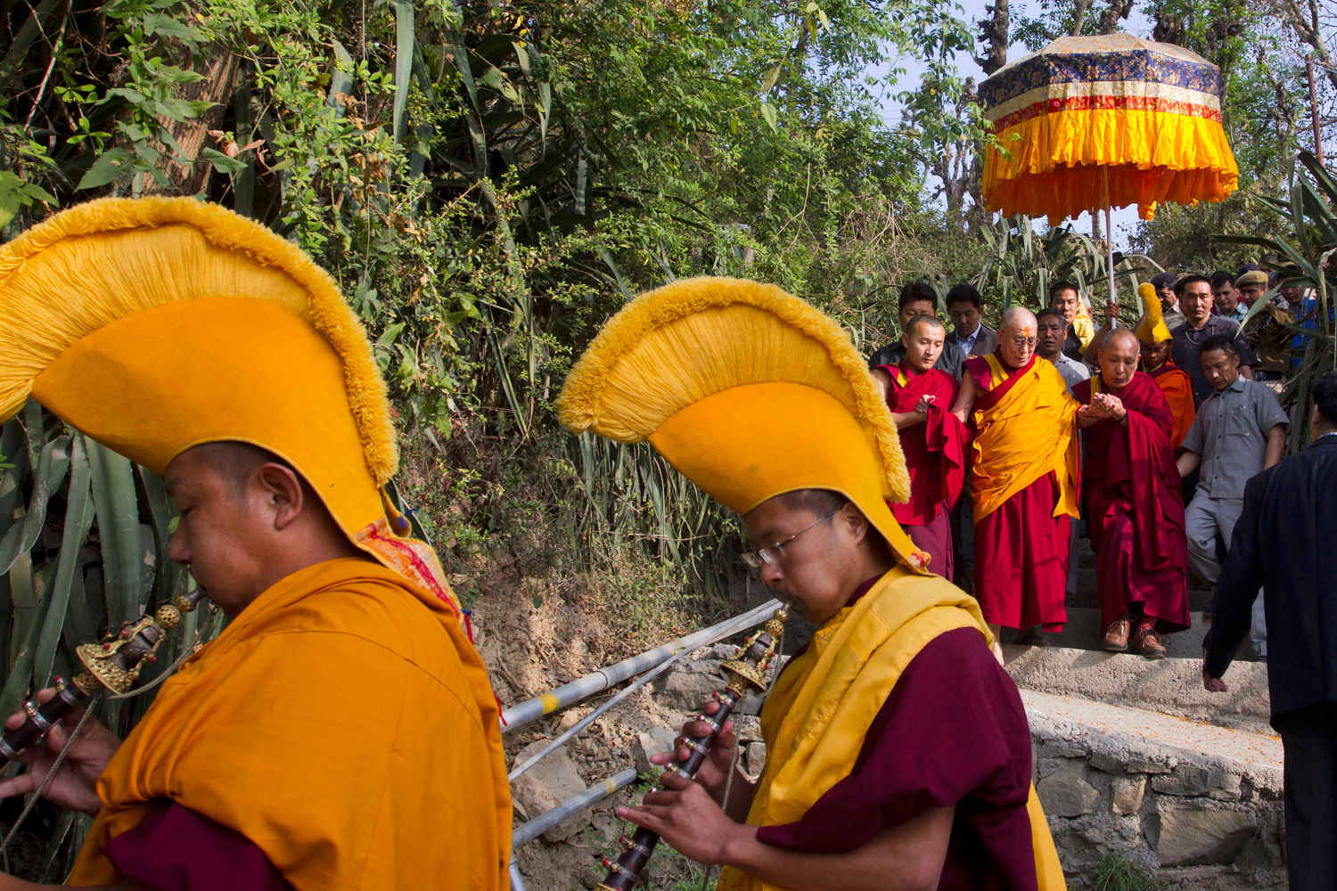 April 3, 2012. Tibetan spiritual leader the Dalai Lama arrives at the Pel Wangmin Zigar Orgyen Choekorling monastery at Rewalsar, a small hill town 140 km (90 miles) from Dharamsala, India.