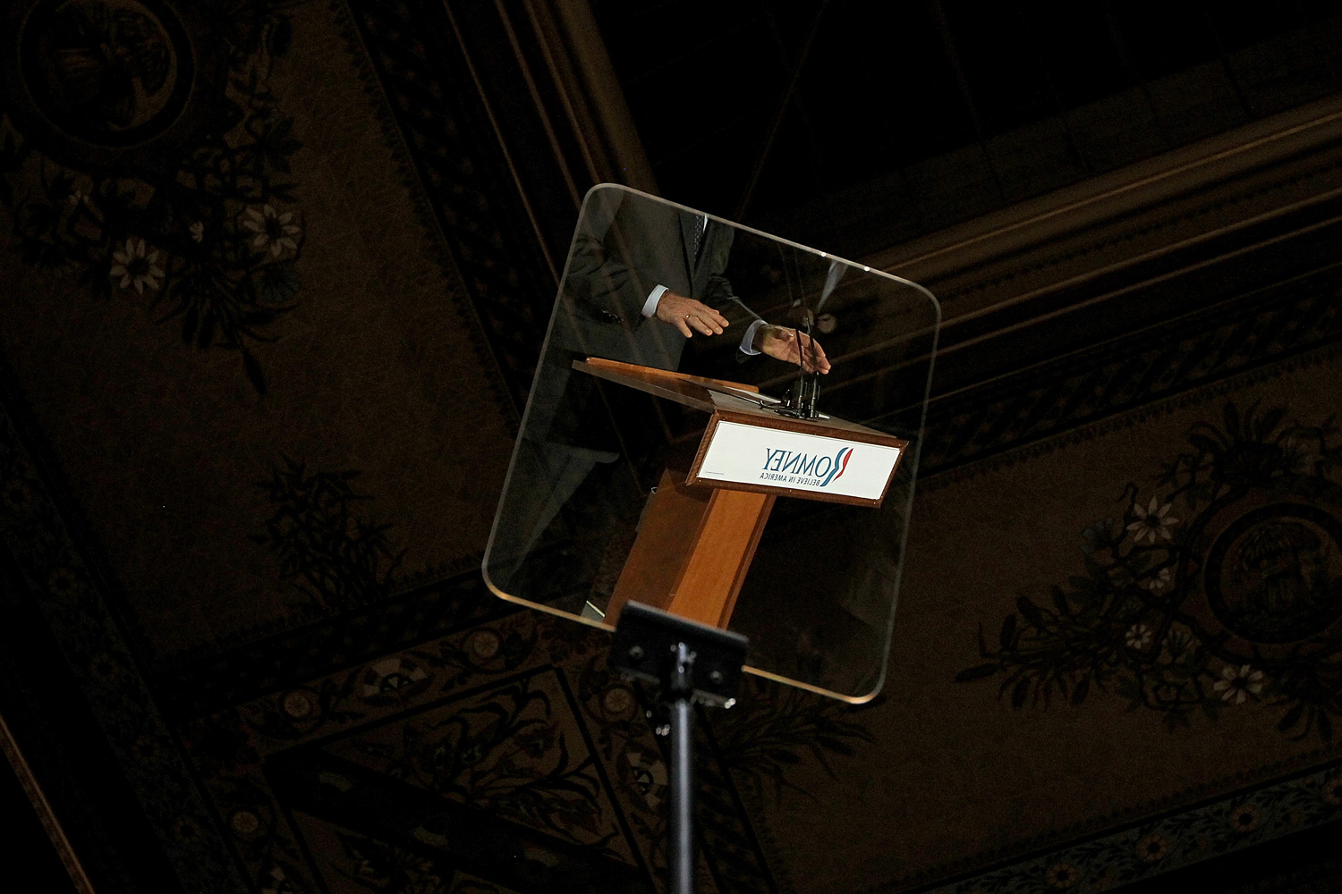 April 3, 2012. Republican presidential candidate Mitt Romney is seen reflected in a teleprompter as he speaks to supporters during his primary-night gathering at The Grain Exchange in Milwaukee, Wis.