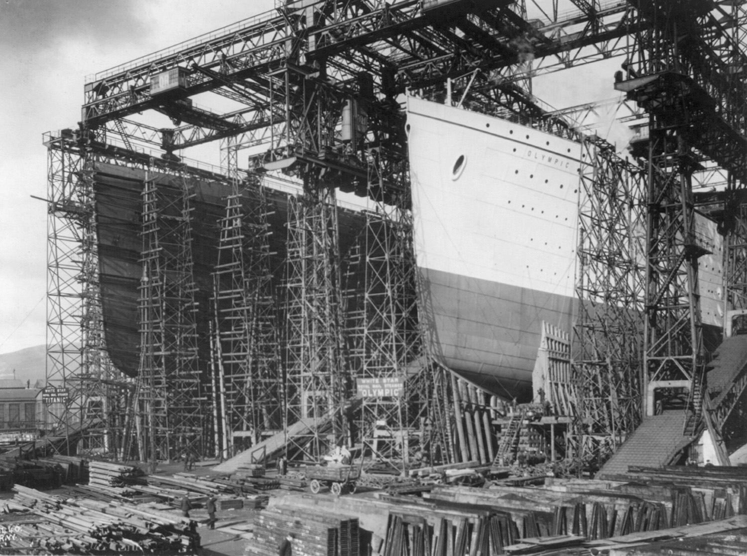 The White Star Line vessels Olympic and Titanic (left) under construction at the Harland & Wolff shipyard, Belfast, Northern Ireland.