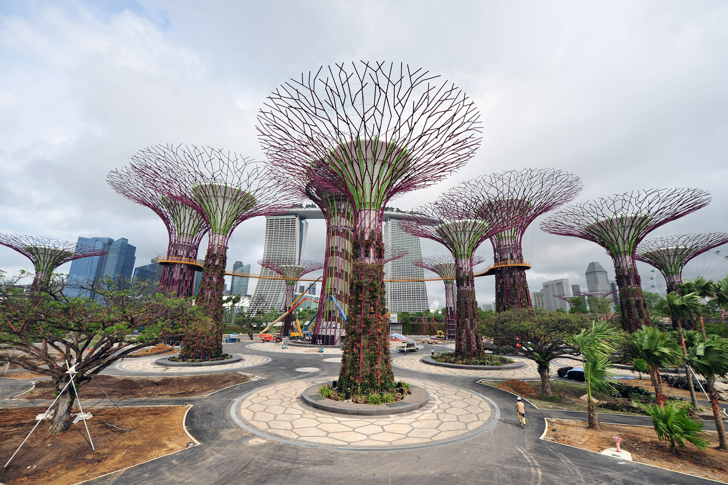 April 3, 2012. Workers are seen busy with the construction work of the Supertrees in the Supertree Grove at the Gardens by the Bay in Singapore.