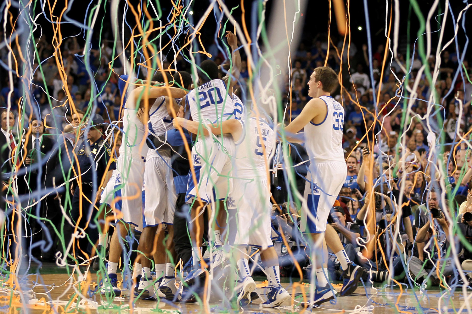 April 2, 2012. Kentucky players celebrate their victory over Kansas in the NCAA Final Four Championship game at the Superdome, in New Orleans.