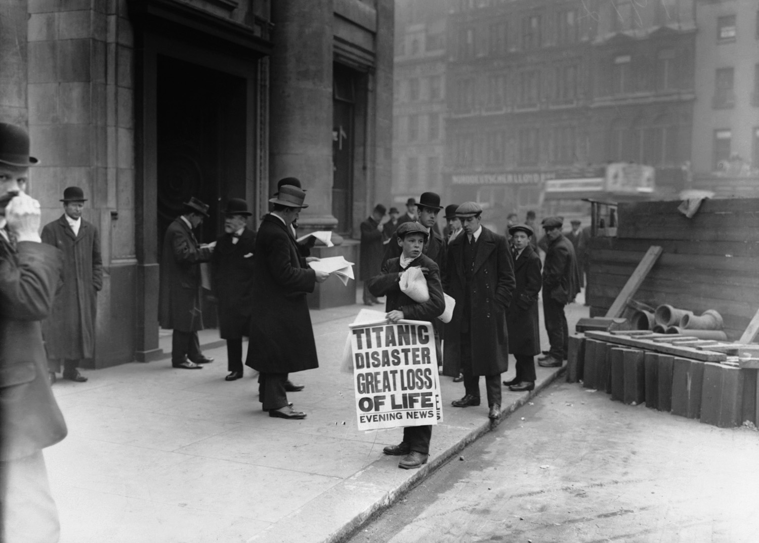 News of the Titanic disaster spreads in London on the day the ship went down, April 15, 1912.