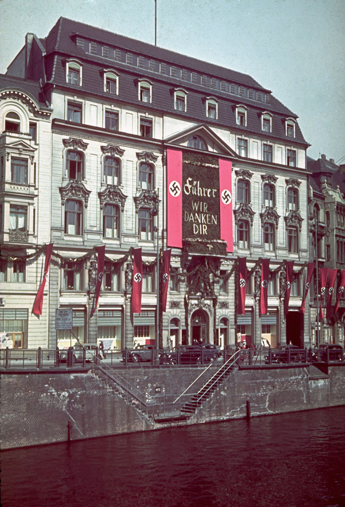Banners hang from buildings in honor of Adolf Hitler's 50th birthday, Berlin, April 20, 1939.