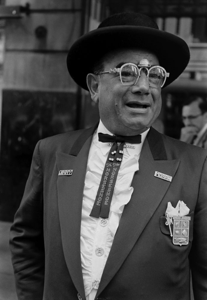 Former Huey Long bodyguard and colorful New Orleans restaurateur Diamond Jim Moran at Churchill Downs on Derby day, 1955.