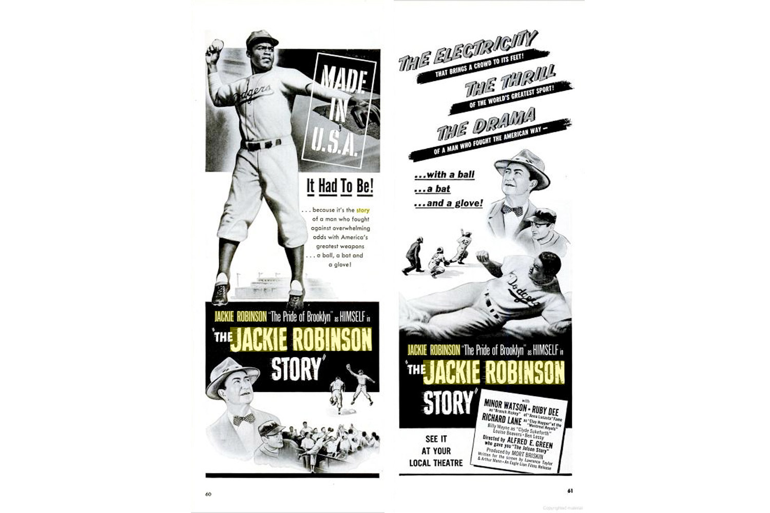 Advertisements for The Jackie Robinson Story from the May 15, 1950, issue of LIFE magazine.