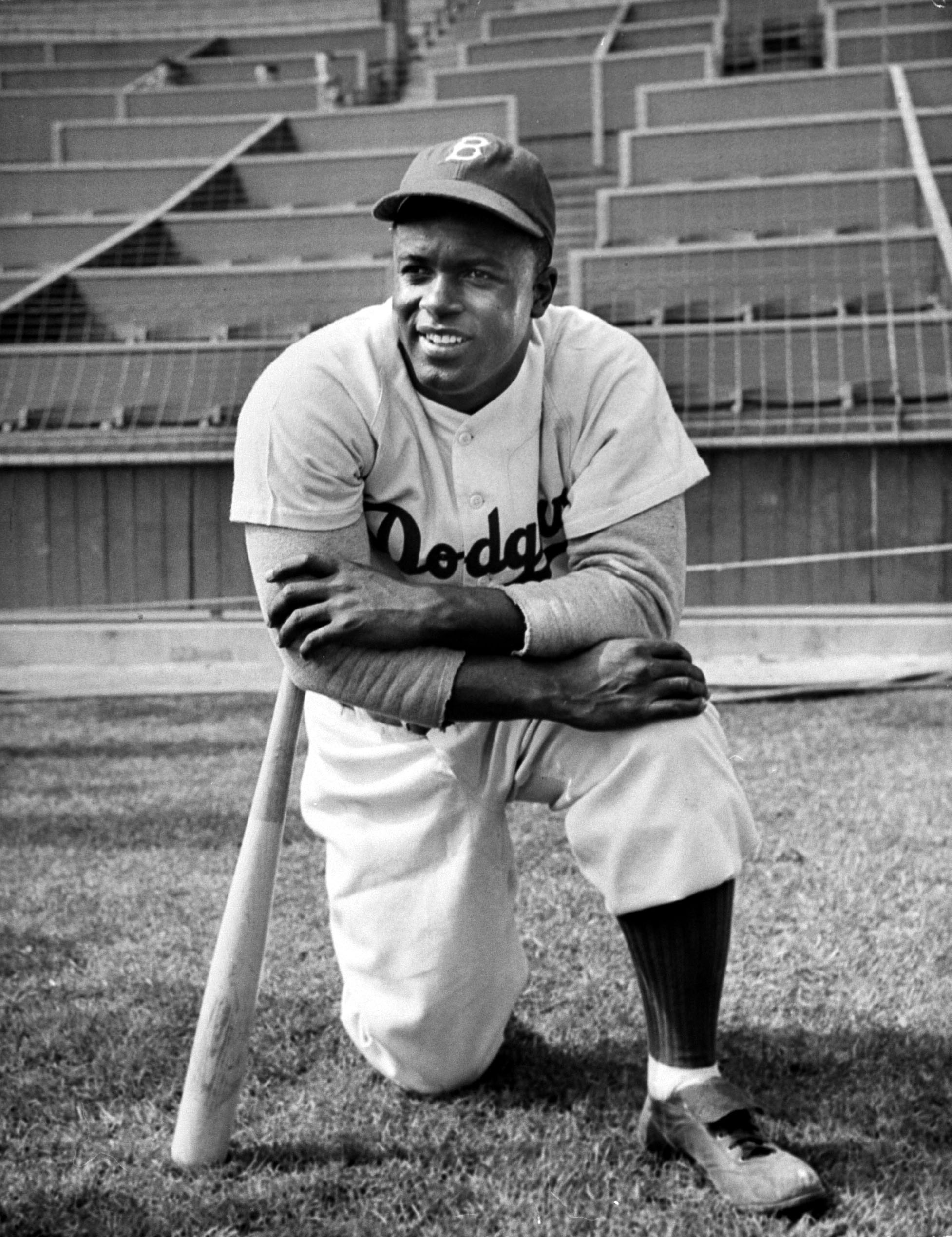 Jackie Robinson poses for LIFE's Allan Grant during filming of The Jackie Robinson Story, 1950.