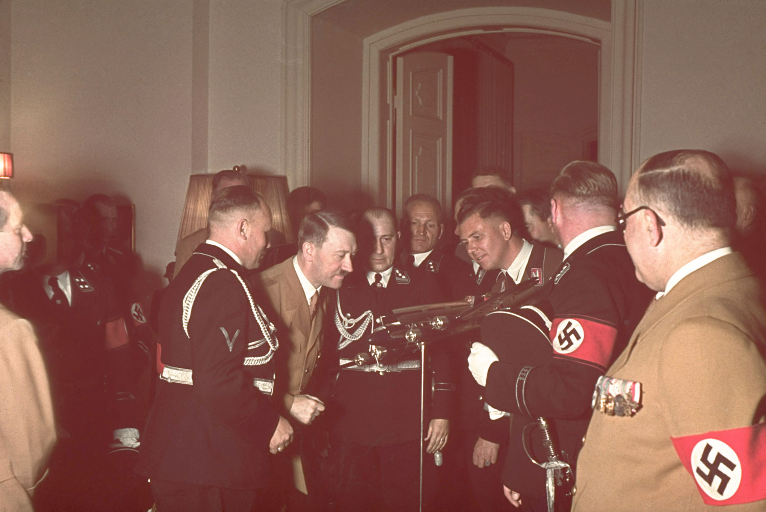 Adolf Hitler receives a model of a Condor airplane as a gift on his 50th birthday, Berlin, April 20, 1939.