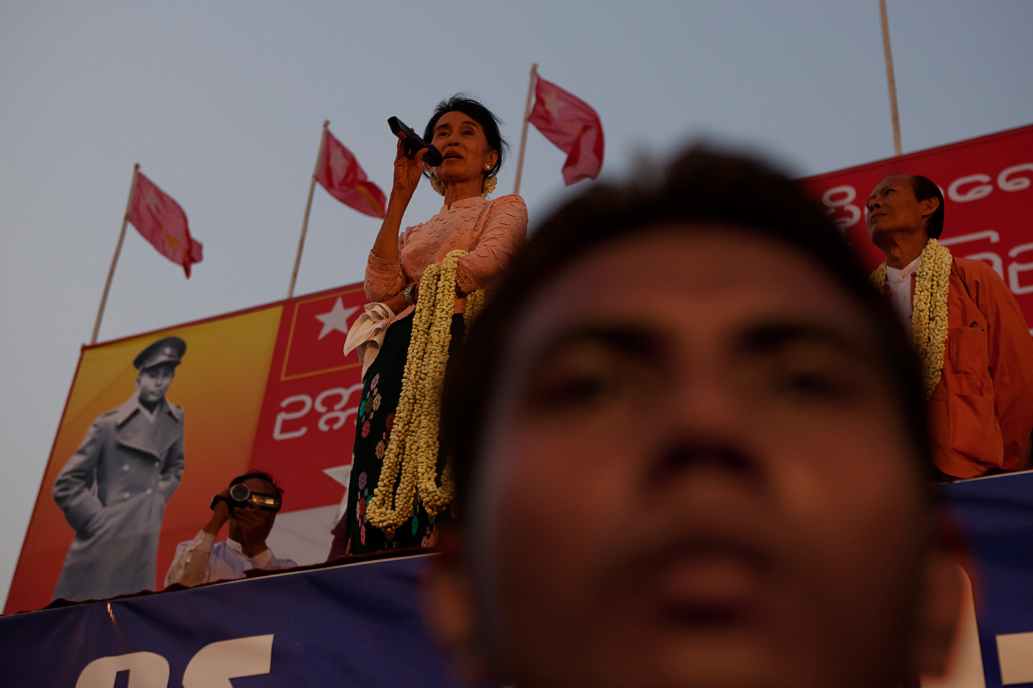 March 21, 2012. During the election campaign Aung San Suu Kyi addresses a crowd of supporters at Yuzana Garden City in Dagon South Township.