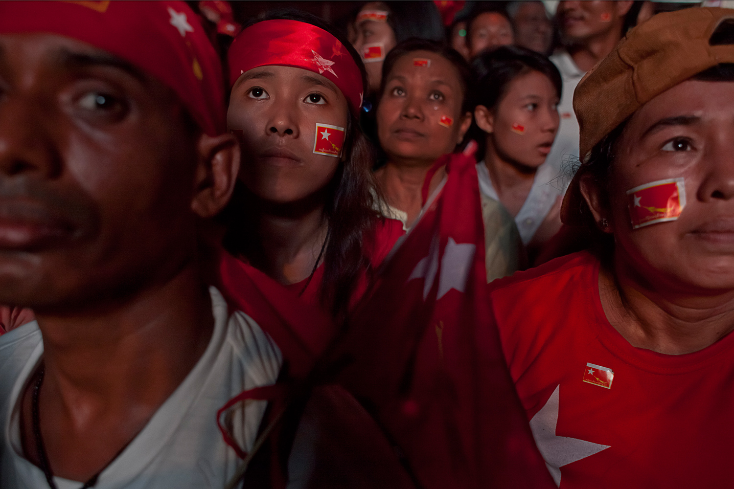 April 1, 2012. NLD supporters stay at party headquarters into the night, sometimes awaiting the vote count with suspense.