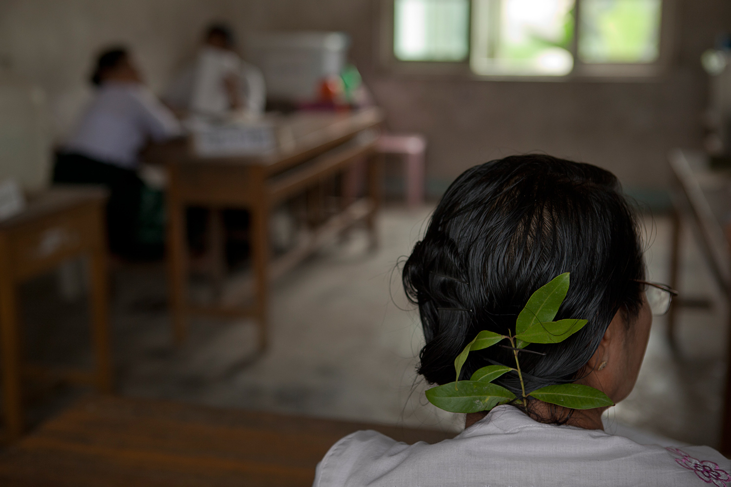 April 1, 2012. An election official at a polling station in a school in Yuzana Garden City in Dagon South Township decorates her hair with a leaf-filled twig.