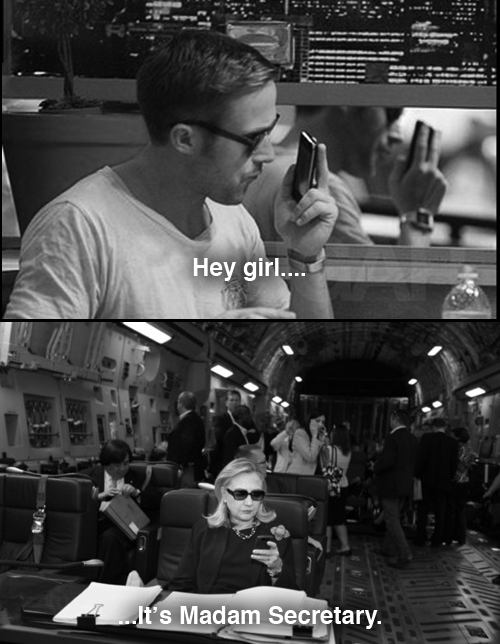 A set of images from the Tumblr Texts From Hillary that depicts actor Ryan Gosling texting with the Secretary of State, Hillary Clinton, posted on April 6, 2012