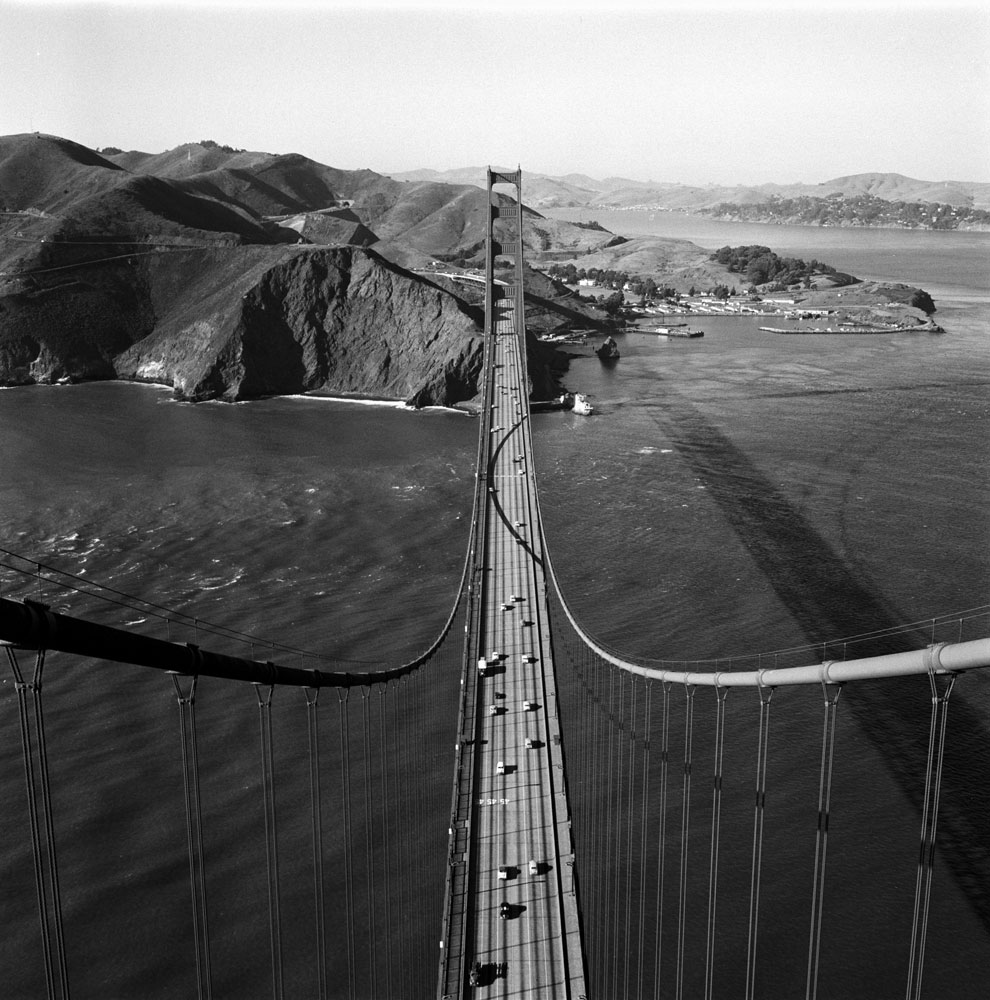The view north from atop the Golden Gate Bridge in 1955.